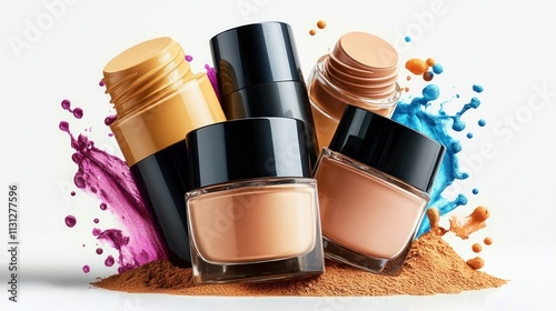 Assorted foundation containers in various shades,  surrounded by colorful splashes, on a bed of powder. photo