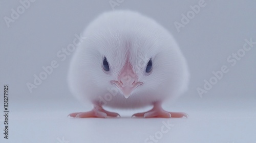 Fluffy white chickling facing forward on white background. photo