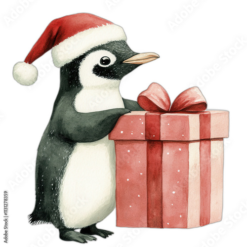 Cute Penguin Wearing Santa Hat Holding Christmas Gift Box photo