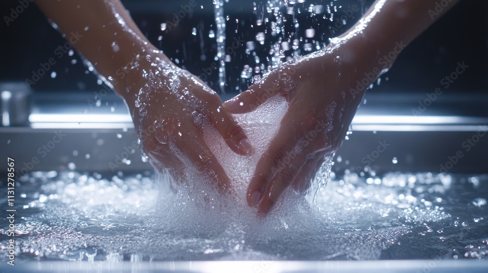 Fototapeta premium Hands submerged in water, creating bubbles around a glass.