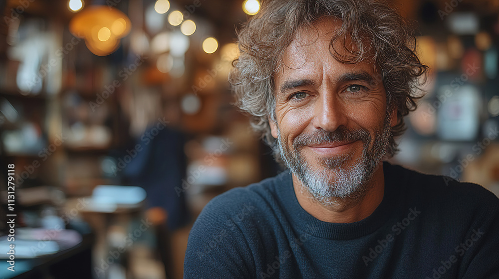 Smiling man with curly hair enjoying a cozy cafe atmosphere in the late afternoon. Generative AI