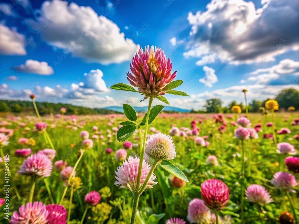 Fototapeta premium Breathtaking landscape photography capturing a vibrant meadow filled with beautiful clover plants, ideal for nature lovers and garden enthusiasts admiring lush greenery and delicate flowers.
