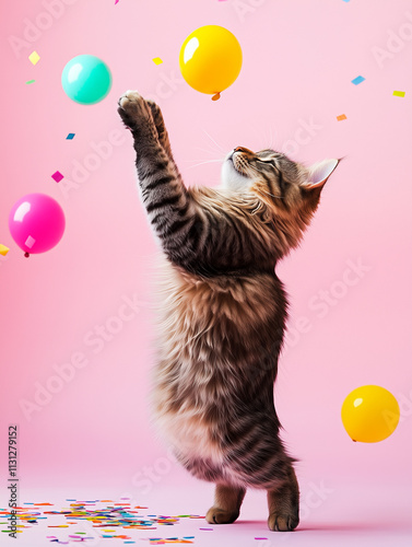 kitty in her birthday party, various balloons and confetti photo