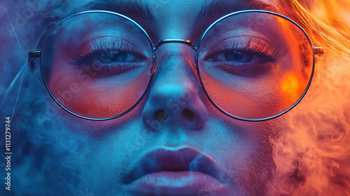 Wallpaper Mural Young woman with blue and orange lighting and smoke effect showcasing reflective glasses and a serious expression. Generative AI Torontodigital.ca