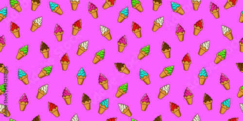 Ice cream seamless pattern. Cute ice cream cone motif with different color and flavors on purple background. Vector illustration