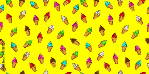 Ice cream seamless pattern. Cute ice cream cone motif with different color and flavors on yellow background. Vector illustration