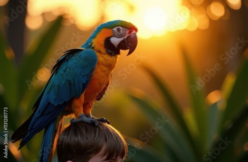 a parrot macaw sits on a boy ' s head as the sun sets.nature background