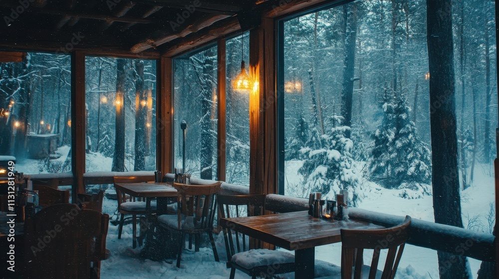 Fototapeta premium Cozy Winter Cafe in a Snowy Forest Setting