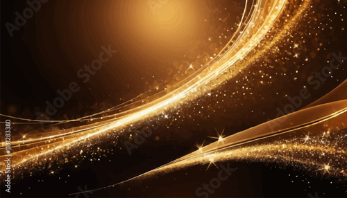 Golden light trails with sparkling amber glitter background