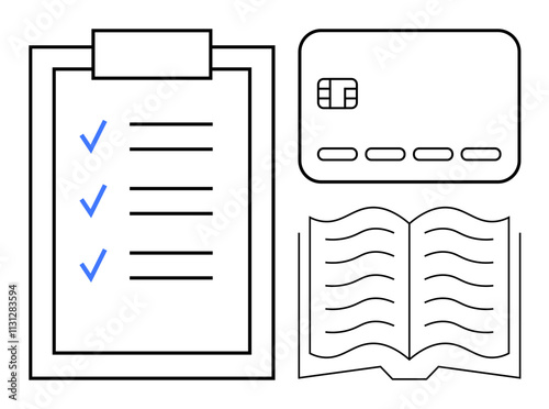 Checklist with blue checkmarks on clipboard, credit card diagram, and open book. Ideal for task management, financial planning, educational materials, productivity, organization, resources photo