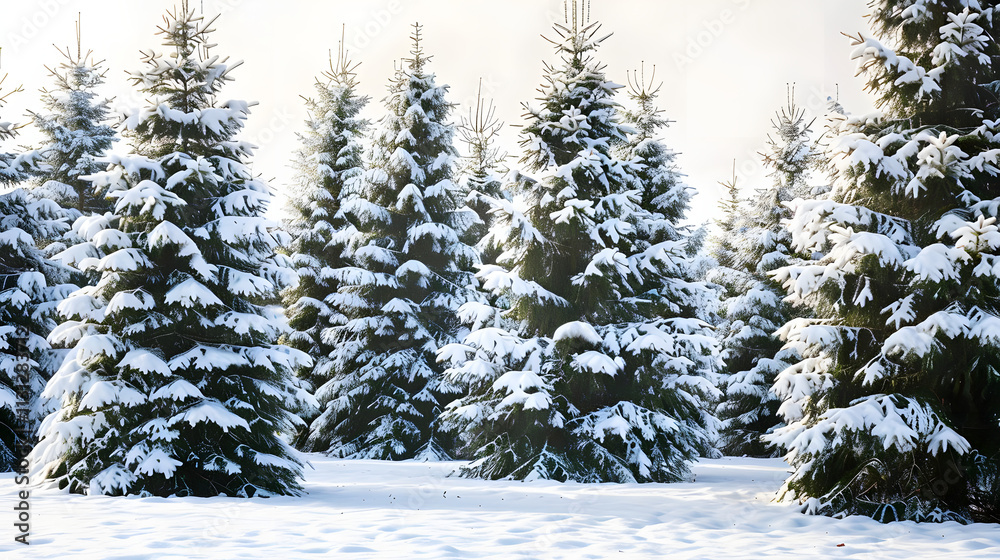 Fototapeta premium enchanting winter wonderland: snow-blanketed fir trees beneath a clear blue sky. generative ai