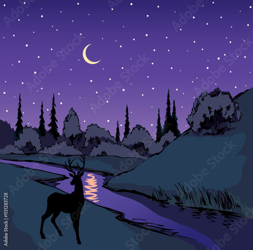 Vector drawing. Summer river scene
