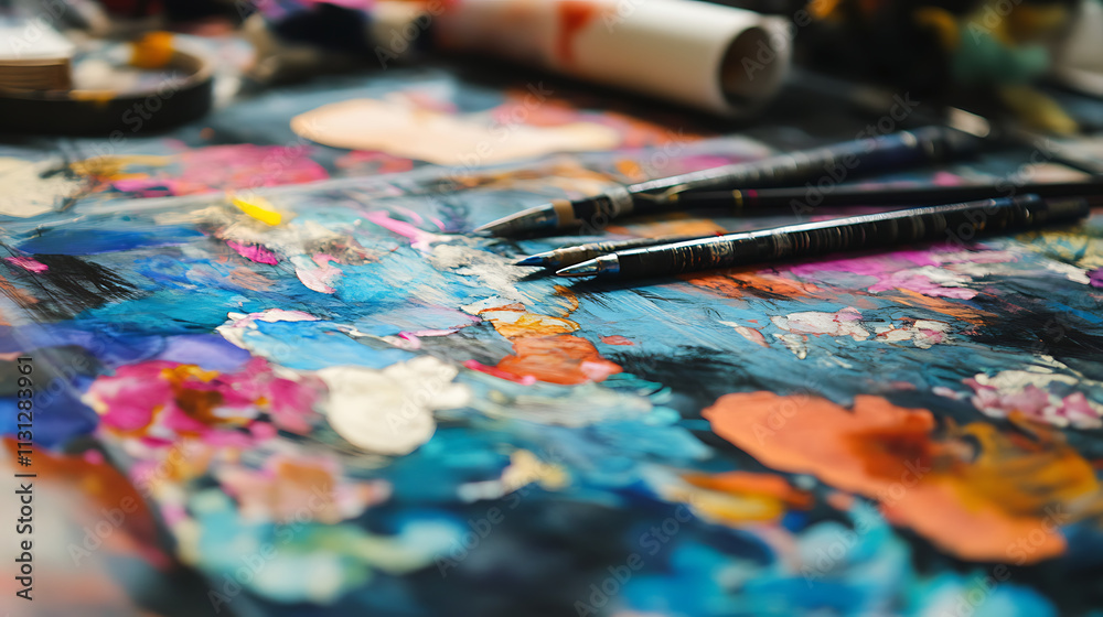 Fototapeta premium Artist's Palette: A vibrant, close-up image of an artist's palette, featuring a colorful mix of paint and brushes, showcasing the creative energy and artistic process. 