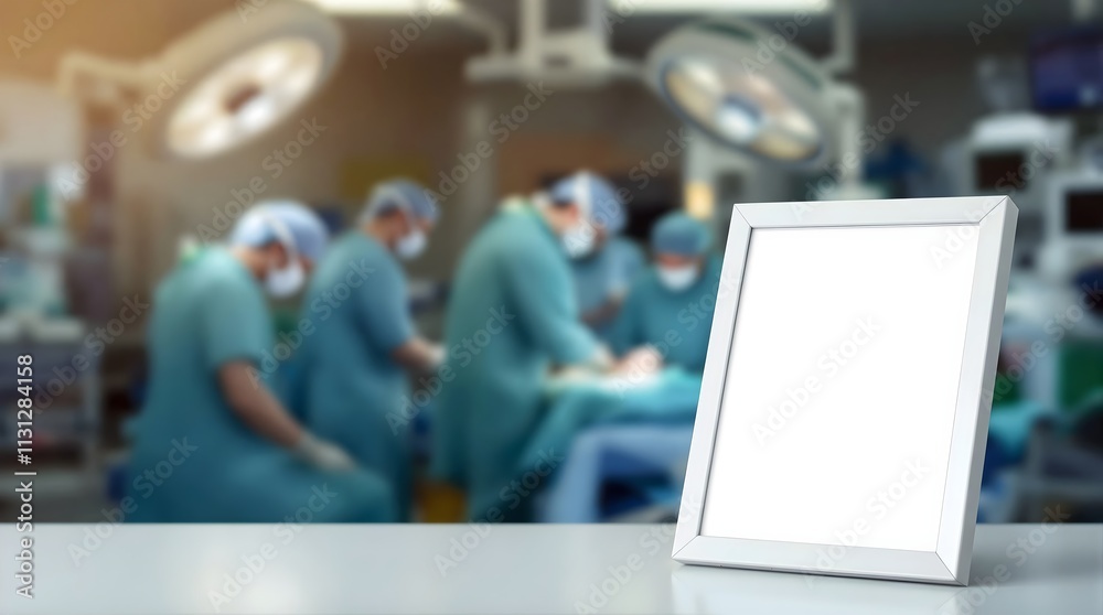 Obraz premium Blank Picture Frame in Operating Room, Surgeons in Background