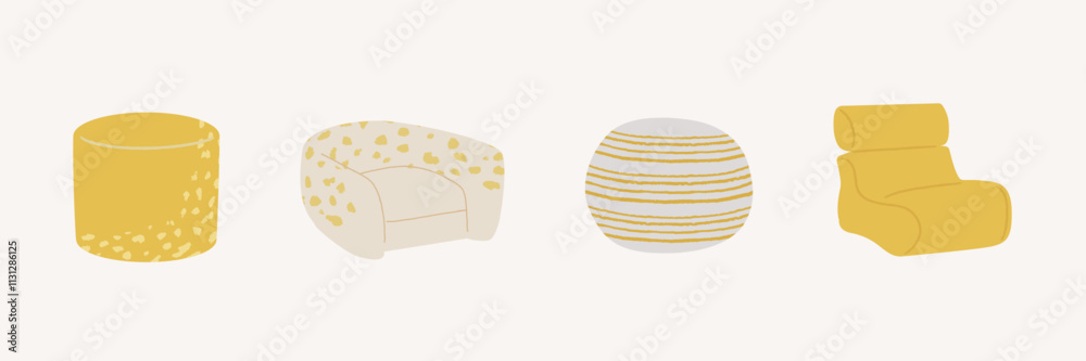 Chair vector illustration set: mid century modern sofa, armchair, rattan foot stool furniture