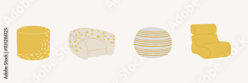 Chair vector illustration set: mid century modern sofa, armchair, rattan foot stool furniture