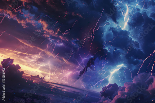 electrifying storm: dramatic cloudscape with striking bolts of lightning. generative ai photo