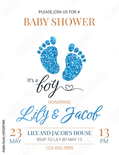 Invitation card for baby shower or birthday party. It's a boy. Simple postcard template with footprints, blue glitter and text on white background. Vertical festive card. Vector illustration.