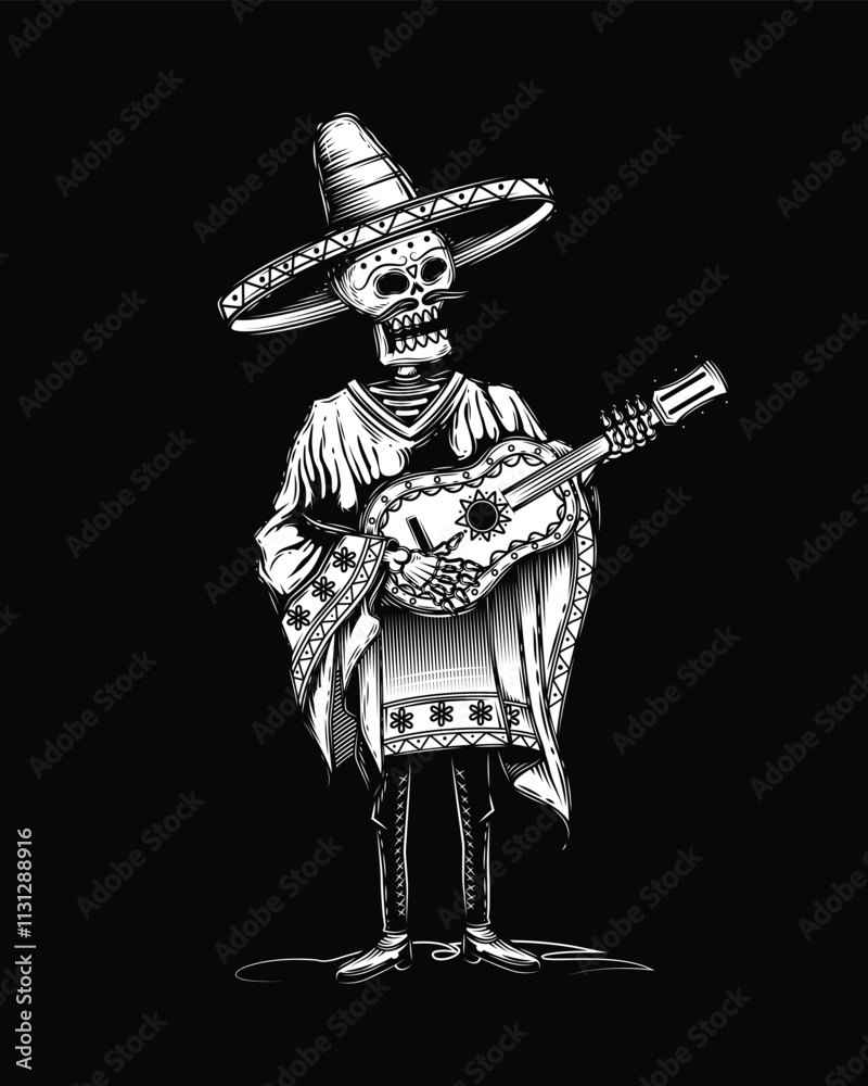 Obraz premium A skeleton in a sombrero with a guitar in his hands. Original vector illustration in vintage style. T-shirt design.