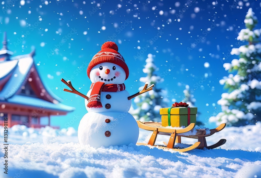Obraz premium A cartoon funny snowman in the evening winter forest.