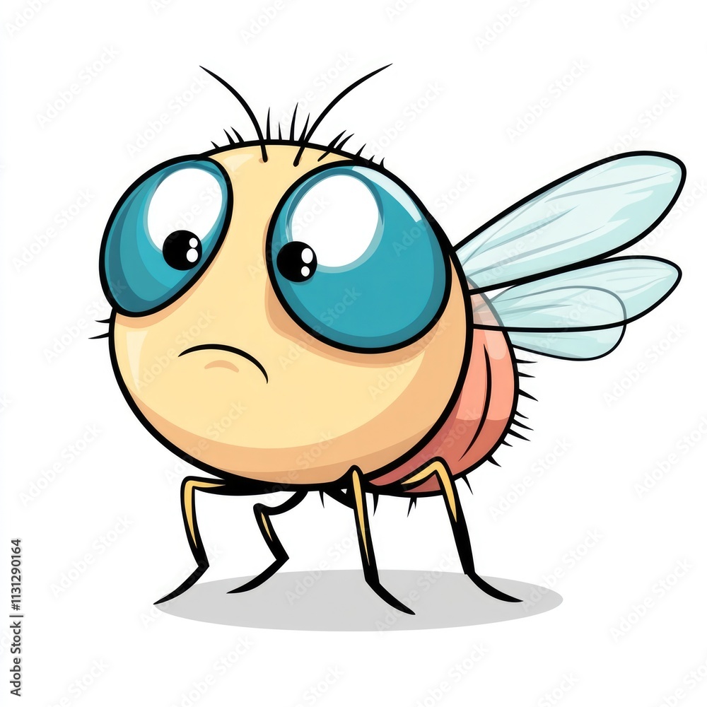 Obraz premium Adorable Cartoon Fly: A Sad and Confused Insect in Flight on a Crisp White Background