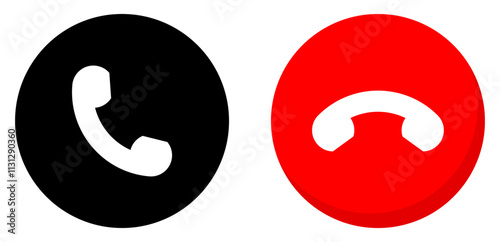 Accept and decline, answering and rejecting phone call icon button. Mobile phone incoming call sign. Phone call icon black and red color. Interface button for mobile connection. Vector illustration.