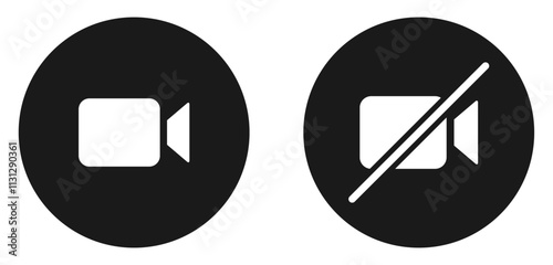 On and off video call icons buttons isolated. Flat design. Vector illustration. Video call and mute vector icons set. Mute video call icons button set with black color.