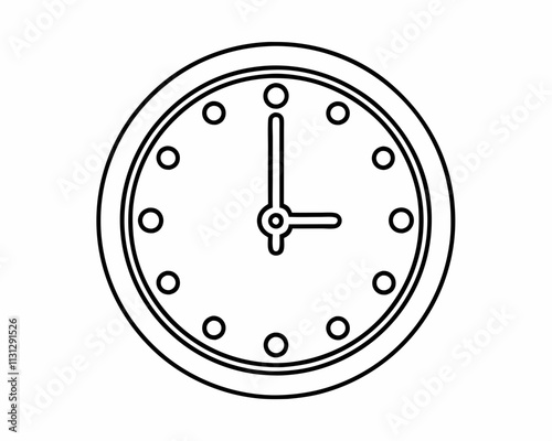 Simple Analog Clock Design, Line Art, Time, Hour, Minute, Hands, Round, Circular, Black, White