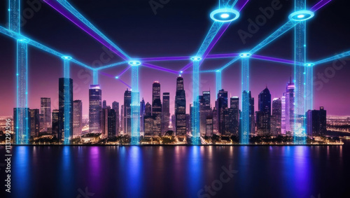 smart city skyline at night with glowing pathways, showcasing AI powered data and automated systems, creating futuristic urban landscape