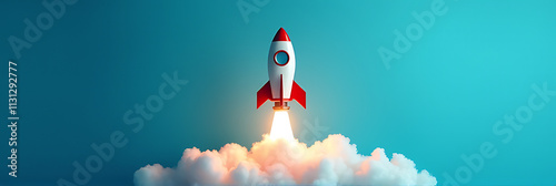Business ideas and inspiration launch from a blue background with a rocket trajectory towards entrepreneurial success._00001_