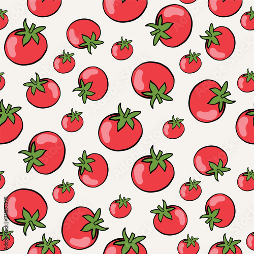 Tomatoes seamless pattern, vector illustration, engraving style, fabric design. Hand drawn