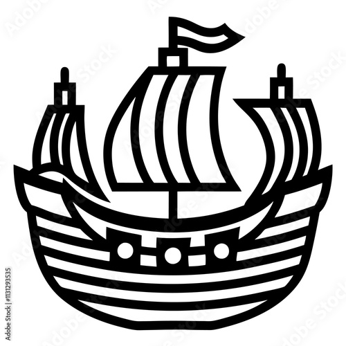 Galleon Stern Carvings  Elaborate wooden designs on high status ships silhouette,line art vector icon illustration,wooden ship on white background.