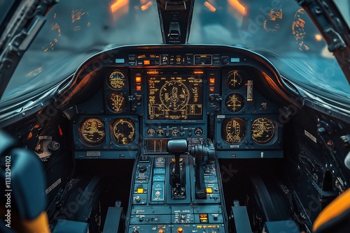 Obraz na płótnie Close-up of a fighter jet cockpit control panel showcasing advanced instrumentation and display technology w salonie