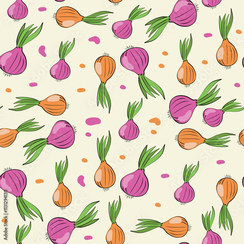 Sketched Hand drawn seamless pattern red onion with orange onion isolated on a white background, flat lay for culinary blog, video recipe screensaver, patchwork fabric.