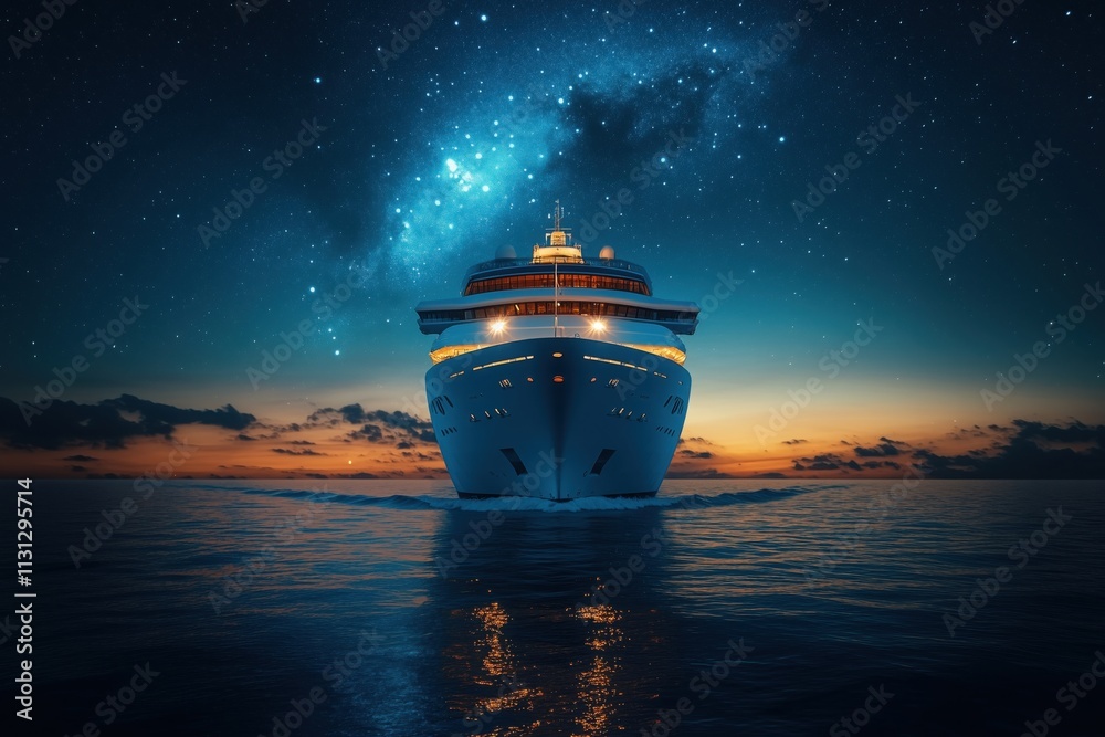 Fototapeta premium Luxurious travel experience on a modern cruise ship, sailing under a starry night sky and colorful sunset on a calm ocean