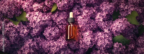 Lilac essential oil in a bottle. Selective focus. photo