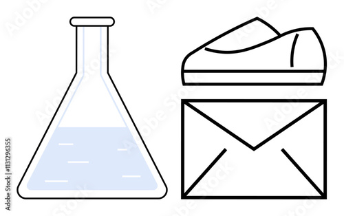 Laboratory beaker half-filled with liquid, envelope, sneaker in outline style. Ideal for scientific research, communication, delivery services, sports, digital marketing, educational content, product