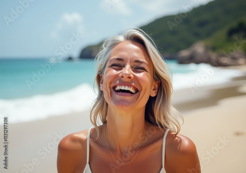 joyful woman laughs freely beautiful serene beach silver