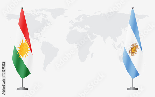 Kurdistan and Argentina flags for official meeting against background of world map.
