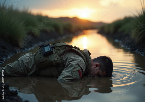 lone soldier rests face muddy waters fading light signals ultimate sacrifice untimely