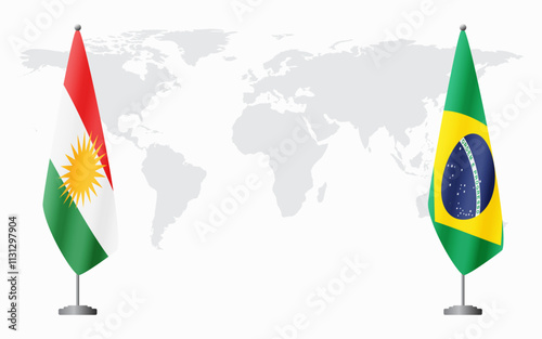 Kurdistan and Brazil flags for official meeting against background of world map.