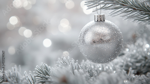 Silver christmas ball hanging on a snowy christmas tree branch, with blurred lights in the background, creating a festive atmosphere