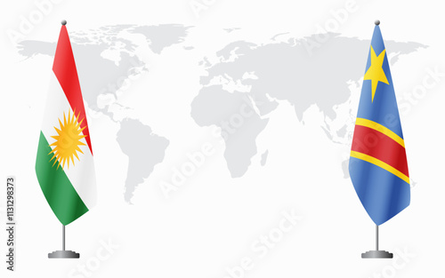 Kurdistan and Democratic Republic of Congo flags for official meeting against background of world map.