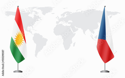Kurdistan and Czech Republic flags for official meeting against background of world map.