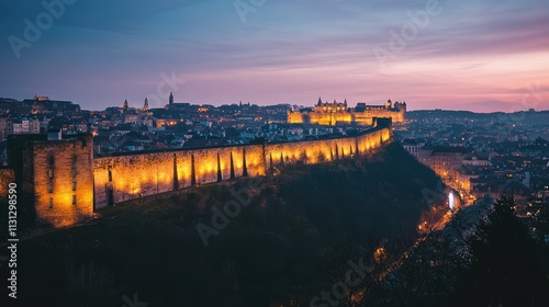 Illuminated medieval city wall at dusk showcasing historic architecture and scenic landscape with urban lights in the background photo