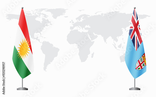 Kurdistan and Fiji flags for official meeting against background of world map.