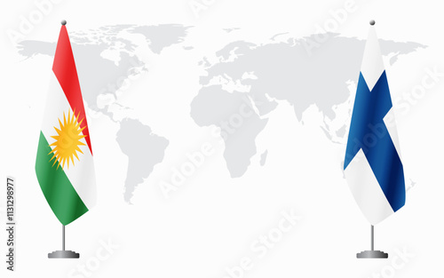Kurdistan and Finland flags for official meeting against background of world map.