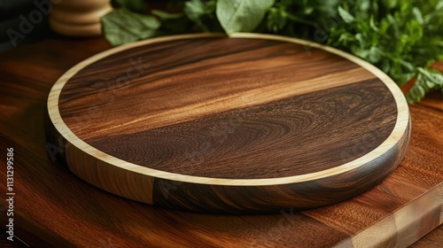 Elegant natural round wooden chopping board with contrasting edges on rustic kitchen countertop with fresh herbs in the background. photo