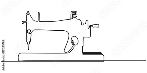 Sewing Machine Single Line Icon, Concept of needlework, continuous drawing in one line in minimalism. Scissors, sewing machine, spool of thread, needle. Editable vector contour, Tailor Made Continuous