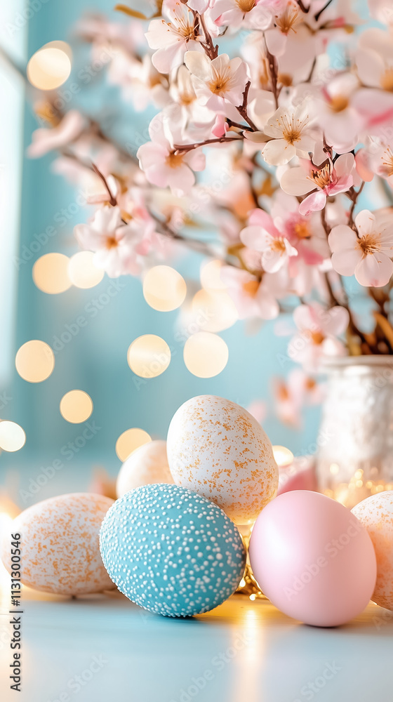 Brightly colored easter eggs rest near delicate cherry blossoms, enhancing the joyful ambiance of a spring celebration Brightly colored easter eggs rest near delicate cherry blossoms, enhancing the joyful ambiance of a spring celebration